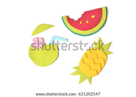 Tropical fruits paper cut on white background - isolated