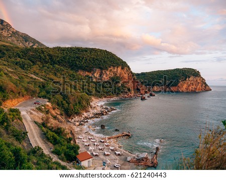 The beach Crvena Glavica in Montenegro. Wild beach, with a rocky coast. Aerial photography.