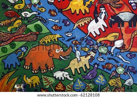 Original naive art oil painting depicting a colorful nature. Royalty-Free Stock Photo #62128108