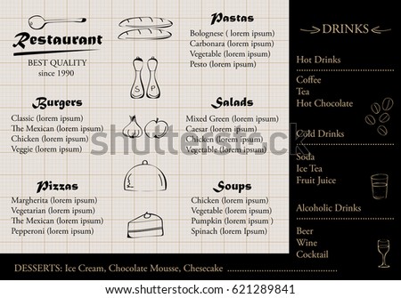 Placemat design template,vector illustration background.Modern hand drawn diner cover.For web site,print materials,poster,placard and brochure.Also useful for ad,marketing on social network and blog