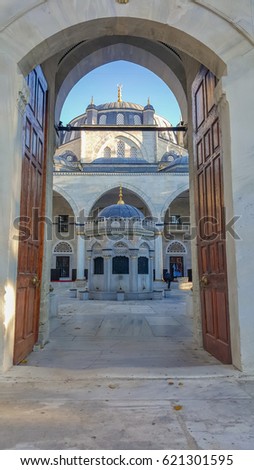 A picture from the front door of a Yeni Valide Mosque
Yeni Valide Cami in Üsküdar, Istanbul, Turkey.