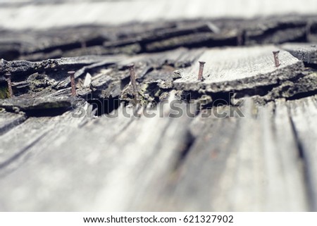 Roof wooden background, Gonta, rusty nail and mouldering board