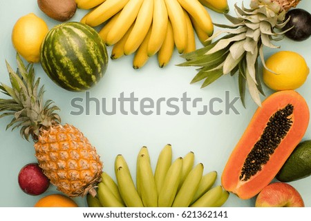 Fruit place for inscription. A set of Thai fruits on a blue background with a place for writing
