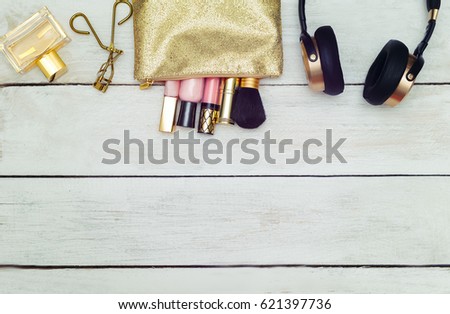 golden woman accessories mock up flat lay. instagram style filters
