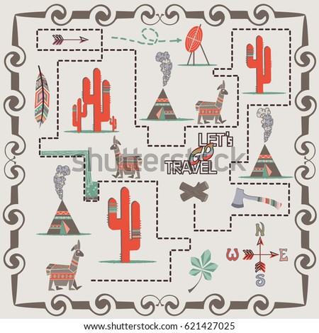 Travel map. Treasure map. Let's travel. Llama-traveler. Vector illustration