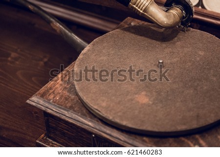Vintage phonograph or talking machine of 1910, close up image with copy space