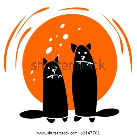 Two cartoon black cats and sun isolated on a white background.
