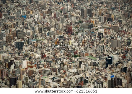 Tokyo urban rooftop view background tilt-shift effect, Japan.