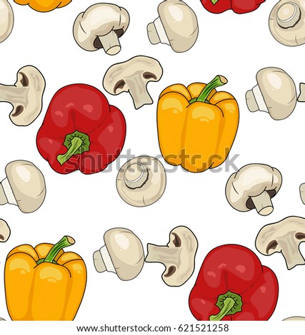 Mushrooms and Piper annuum - seamless pattern. Red, yellow pepper. useful vegetables. vegetarianism. Vector illustration with white background. the drawing hands.