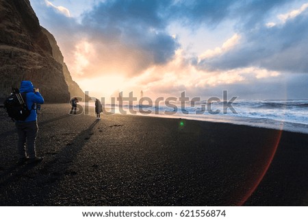 Reynisfjara or better known as Black Sand beach view during sunrise