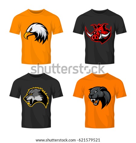 Furious boar, wolf, panther and eagle head sport vector logo concept set isolated on t-shirt mockup. Modern team badge design. Premium quality wild animal t-shirt tee print illustration.
