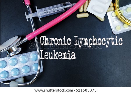 Chronic Lymphoctic Leukemia word, medical term word with medical concepts in blackboard and medical equipment