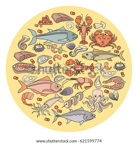 Vector set of flat design cute colorful seafood ingredient icon isolated on light circle  background.