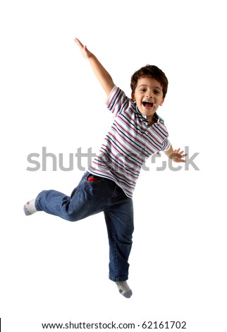 A Brazilian and caucasian kid playing on a studio with white background and isolated on white. The child is wearing jeans, shirt and shows a real expression of fun. Royalty-Free Stock Photo #62161702