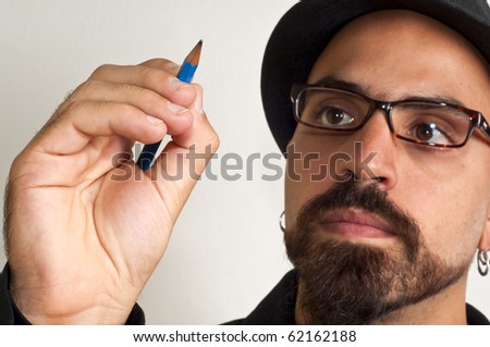 man with glasses and a hat with a pencil in white background