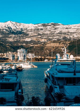 Luxury yachts on the coast in winter season. Marina in Budva, Montenegro