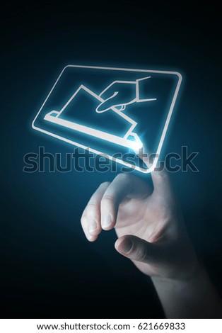 Businesswoman on blurred background voting using digital interface 3D rendering