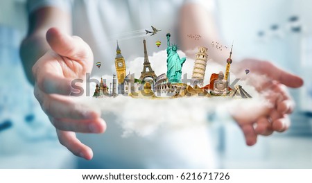Businessman on blurred background holding a cloud full of famous monuments in his hands 3D rendering