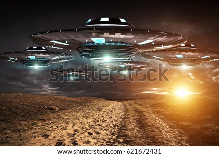 Metal and silver UFO invasion on planet earth landascape 3D rendering