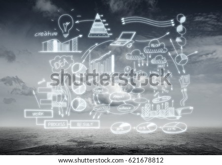 Infographic drawn elements graphs and diagram on cloud background