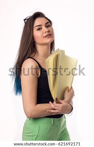 young business woman holding documents, isolated on white background