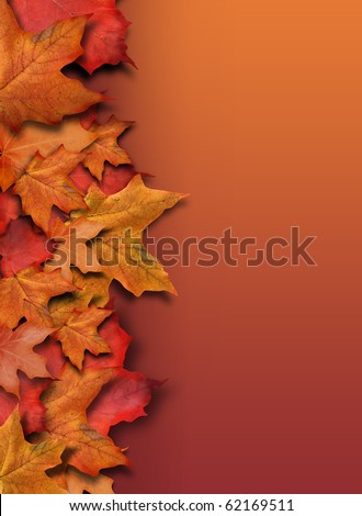 An orange, red fall background border for the season. Leaves are piled up on the side of the frame with copyspace for your text. Can be used as a Halloween or Thanksgiving image too.
