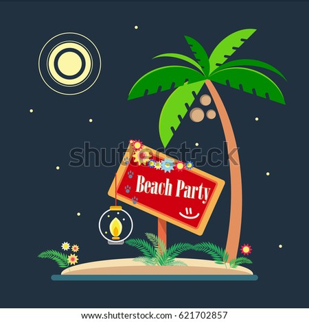 Tropical landscape in the style of flat. The plate with the lamp, flowers. The palm tree on night sky background with moon