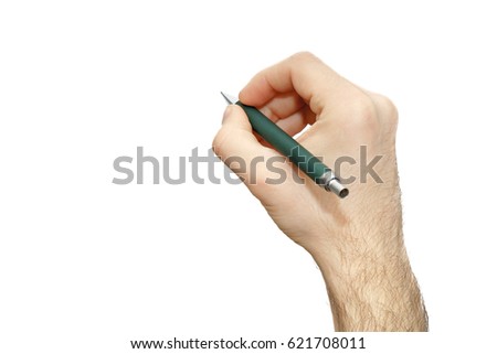 White background with male hand holding a pen to write something creativity