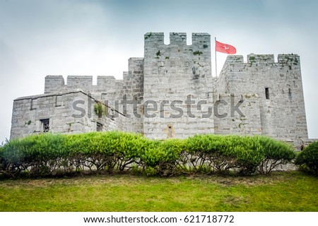 Isle of Man Medieval castle. Isle of Man country.  Ancient castle palace in Isle of Man. Castle wall tower. Castles palace fort walls landscape background. Stone architecture hill