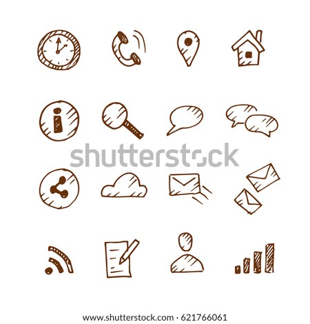 Hand drawn icons set isolated on white background. Sketch, vector illustration.