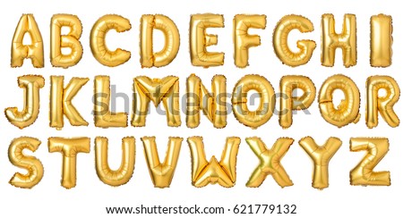 English alphabet from golden balloons isolated on white background Royalty-Free Stock Photo #621779132