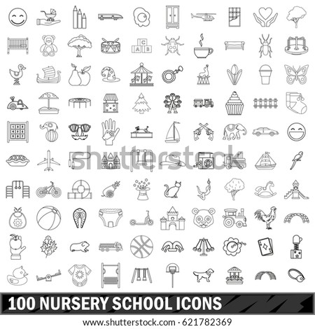 100 nursery school icons set in outline style for any design vector illustration