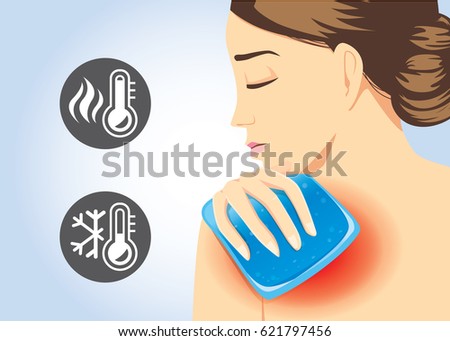 Woman relief of shoulder pain with Cold and hot pack gel. Illustration about first aid equipment. Royalty-Free Stock Photo #621797456