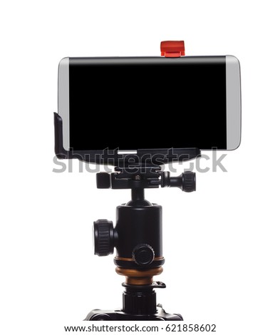 Mobile phone on a tripod, white isolated background