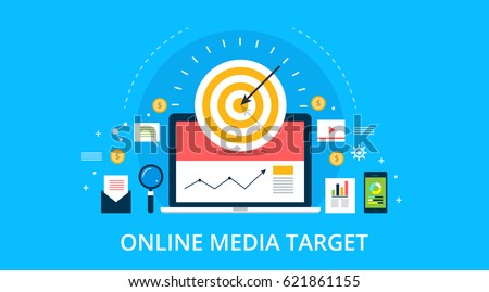 On-line media, target audience, digital marketing, flat design vector concept with marketing icons on blue background