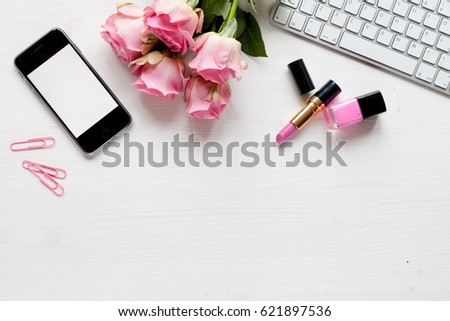 Woman desk with accessories on white background