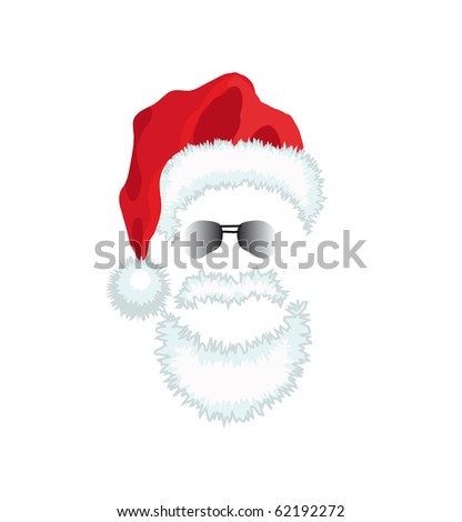 Red Santa Claus Hat, beard and glasses. Vector illustration isolated on green background.