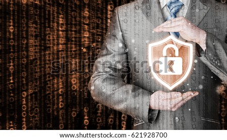 Data protection and insurance. Concept of business security, safety of information from virus, crime and attack. Internet secure system. Matrix background.
