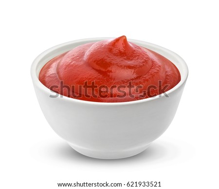 Ketchup in bowl isolated on white background. Portion of tomato sauce. With clipping path. One of the collection of various sauces Royalty-Free Stock Photo #621933521