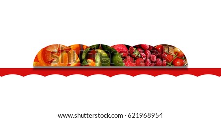 Fruits collection: six aligned semicircles with shadow underneath and full of citrus fruits and berries, all placed on top of a wavy red ribbon, on white background