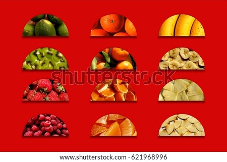 Fruity textures: limes, mandarins, bananas, kiwi, tangerines, strawberries, raspberries, pineapple pieces, chopped orange and apple, inside aligned semicircles with shadow below, on red background