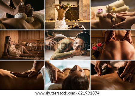 Set of nine SPA photos with different treatments.