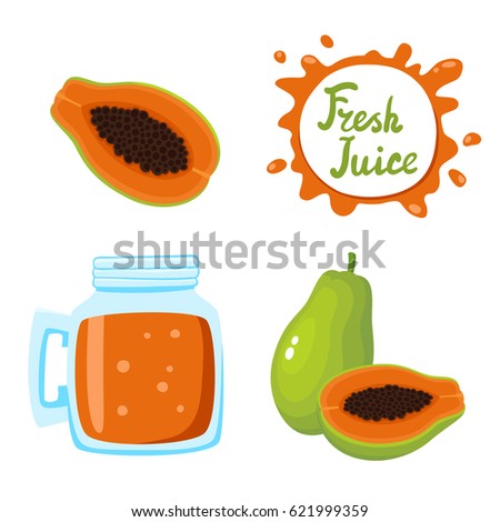 Vector set of natural fresh papaya juice in bank and papaya isolated on white in cartoon style. Healthy organic fruit drink and speech bubbles with handwritten lettering