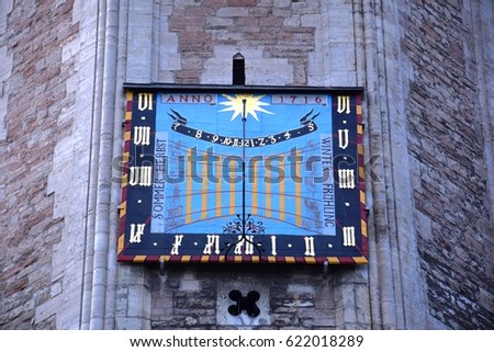 Old and beautifully designed sunwatch, Mounted on the wall of the Braunschweig Dome.