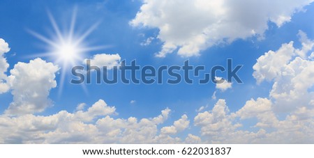 Beautiful panorama blue sky and clouds with sun and daylight natural background. Panoramic composition in high resolution.