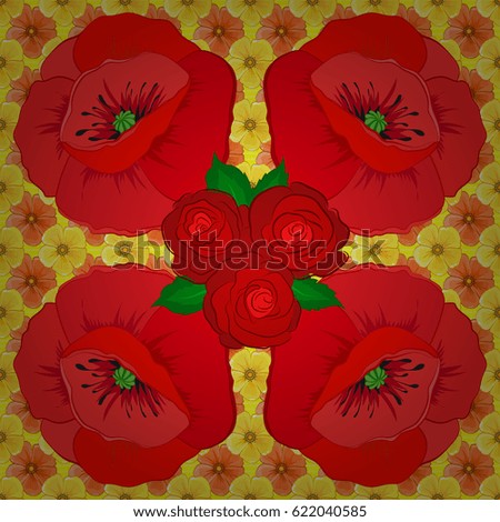 Floral vintage seamless pattern on a yellow background. Cute vector poppy flowers print. Vector illustration.