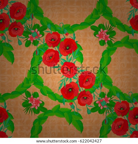 Vector illustration. Ethnic floral seamless pattern on a brown background with decorative poppy flowers.