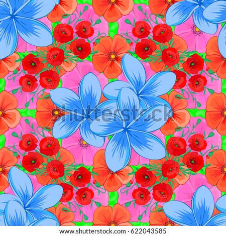 Seamless pattern with decorative summer plumeria flowers on a green background, watercolor vector illustration.