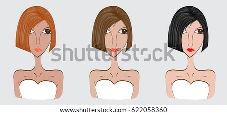 Woman with different facial expressions set, Women hair style, vector illustration, Barber, salon, cosmetics, spa, beauty, lipstick, products, makeup model