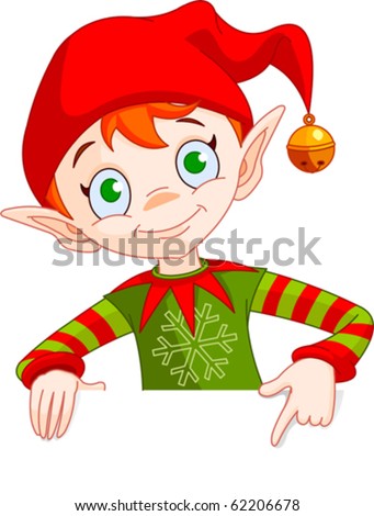 Clipart Illustration of a Christmas Elf Holding And Pointing Down To A Blank White Sign